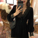 French Vintage Dress Women Lace Velvet Black Elegant Party Dress Female Autumn High Waist Long Sleeve Midi Gothic Dress