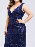 Plus Size Sleeveless Cocktail Dress V Neck  Back Mermaid Party Prom Gowns Tulle Sequins Full Women