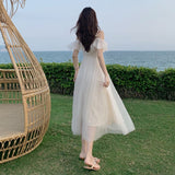 Darianrojas Summer Sexy Sweet Lolita Dress Women Low Chest Off Shoulder Bandage Fairy Mesh Dress Female Beach Boho Spaghetti Strap Dresses