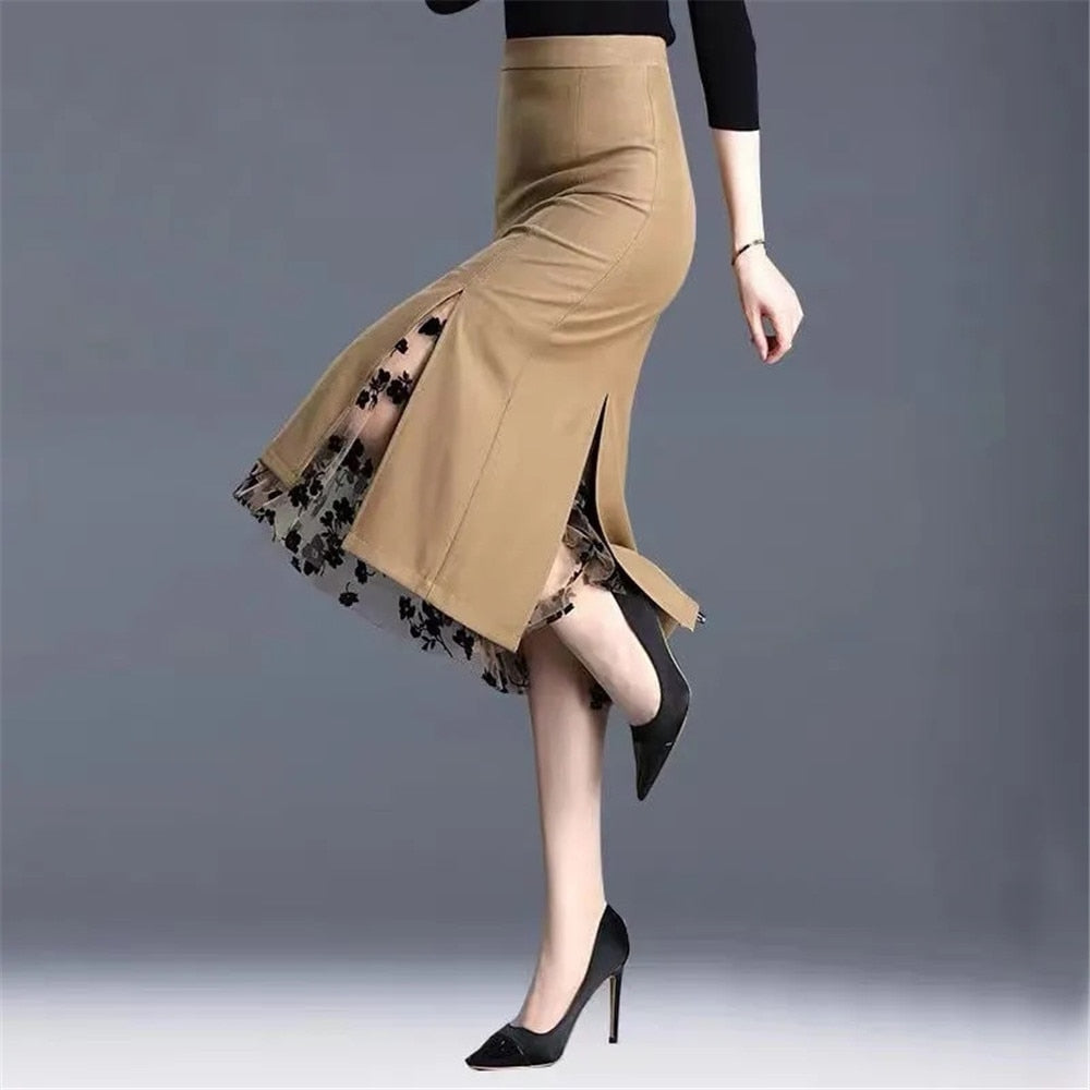 Women Spring Summer Irregular Mesh Skirt Band Splice High Waist Skirt Knee Khaki Split Office Lady Skirt
