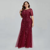 Women Plus Size Sequin Mesh Embroidery Mermaid  Evening Dress Formal Short Sleeve Elegant Party Prom Gowns  Long Dress