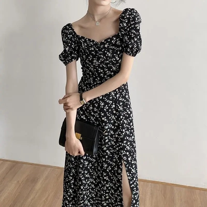 Darianrojas New Summer Boho Floral Print Black Dress Women Vintage Puff Sleeve Square Collar Slit Dresses Beach Holiday A-line Dress