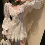 Darianrojas Vintage Lace Fairy Dress Women White Sweet Sexy Backless Casual Dress Female Long Sleeve Elegant Korean Evening Party Dresses