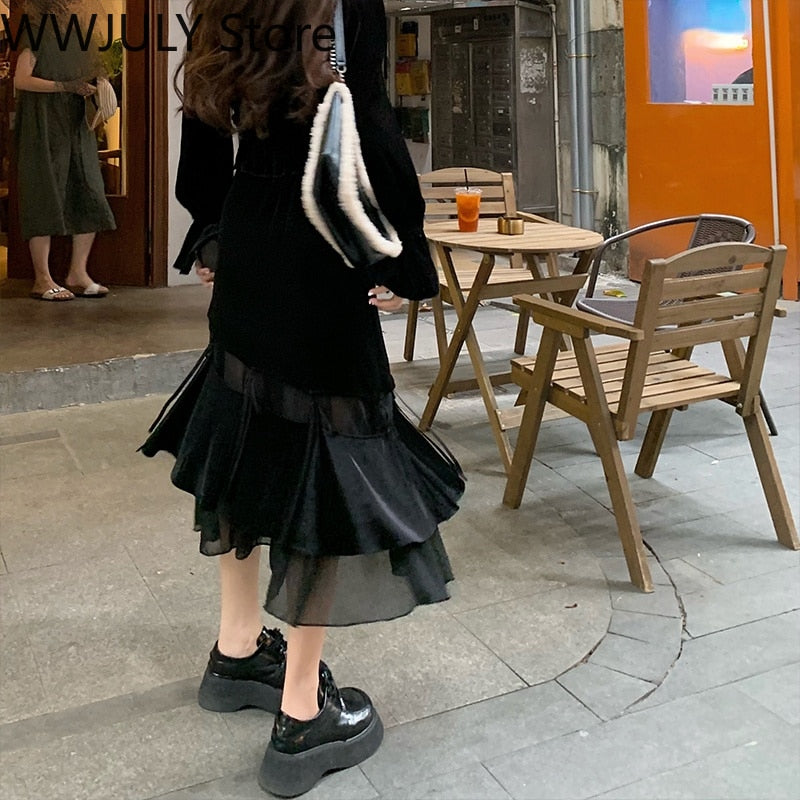 Winter Velvet Y2k Midi Dress Women Casual Black Vintage Dress Gothic Long Sleeve Bandage Elegant 2 Piece Set Dress Korean