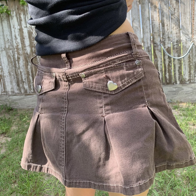 Y2k Grunge low waist Brown Denim Pleated Skirt Harajuku Kawaii Sexy Jeans Mini Skirts Women Indie Aesthetic Solid Tennis Sports