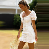 Women Summer Casual Boho Tie Up Solid Dress Bodycon Party Beach Dresses Sundress Ruffles White Cotton Dress Vestidos