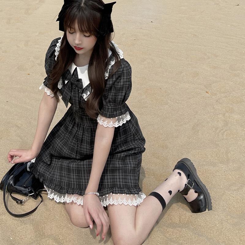 Darianrojas Kawaii Cute Dress Woman Soft Vintage Grunge Plaid Sundress Lace Princess Lolita Mini Dress Gothic Japanese