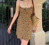 Summer Brown Floral Print Backless Sling Dress Summer Woman Adjust Spaghetti Strap Short Dresses Beach Holiday Vestidos
