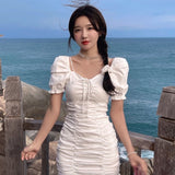 Summer New Women Korean Style Retro Lady Dress Solid Color Puff Short-Sleeve Pleated Hip Design Slim Tight Vestidos