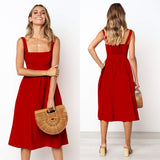 Women New Sexy Backless A-line Dresses Fashion Spaghetti Strap Summer Beach Dress Casual Solid Sling Midi Dress Red Vestidos