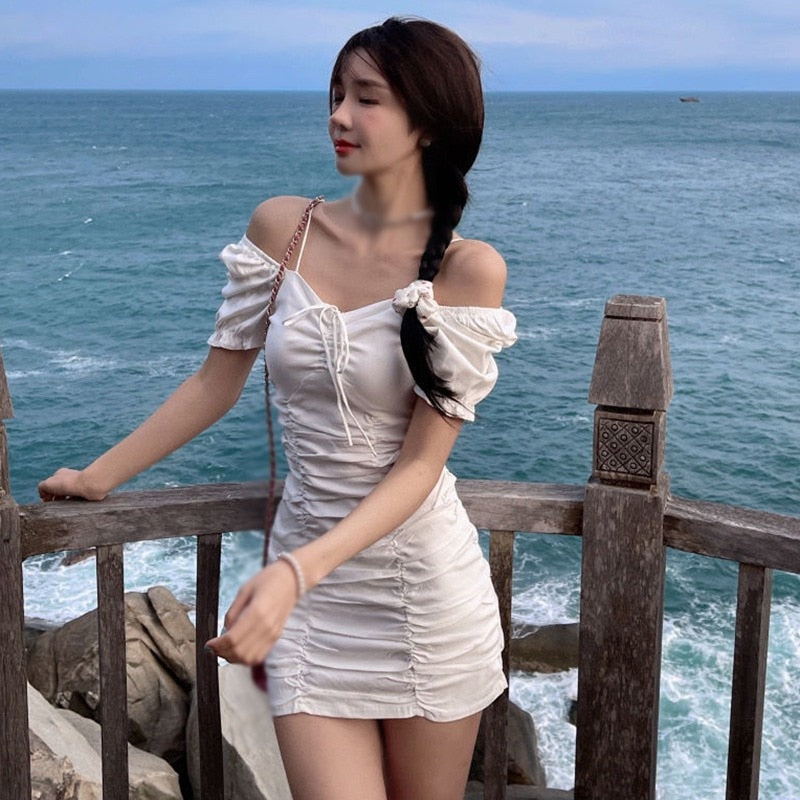 Summer New Women Korean Style Retro Lady Dress Solid Color Puff Short-Sleeve Pleated Hip Design Slim Tight Vestidos