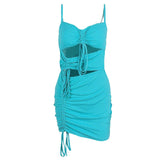 90s Fashion Drawstring Backless Blue Cami Dress Sexy Clubwear Bandage Sleeveless Bodycon Cut Out Dress Party Outfits