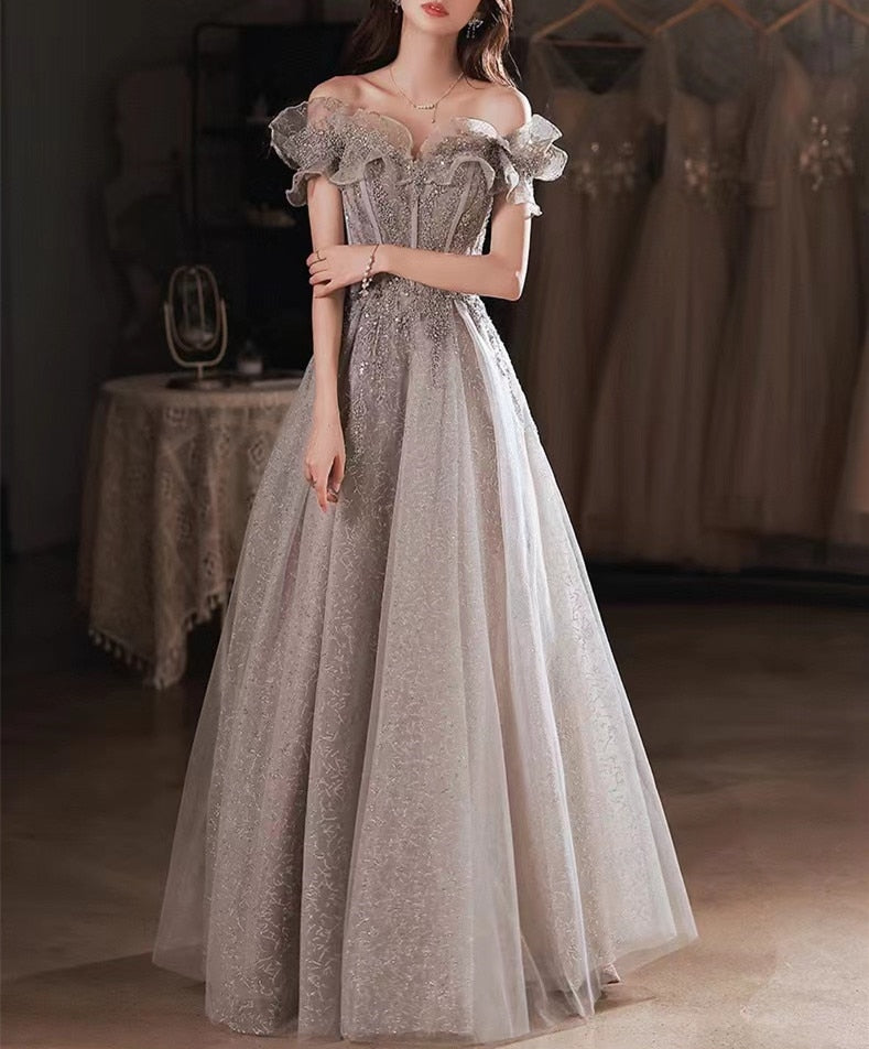 Darianrojas Elegant Gray Flowers Evening dress Off Shoulder Shiny Sequin Lace A-line Ruched Lace up Woman Formal Party Prom Gowns New