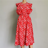 Summer Ladies Elegant Dot Print Chic Dress Women Butterfly Sleeve Ruffles Medium Long Chiffon Dress