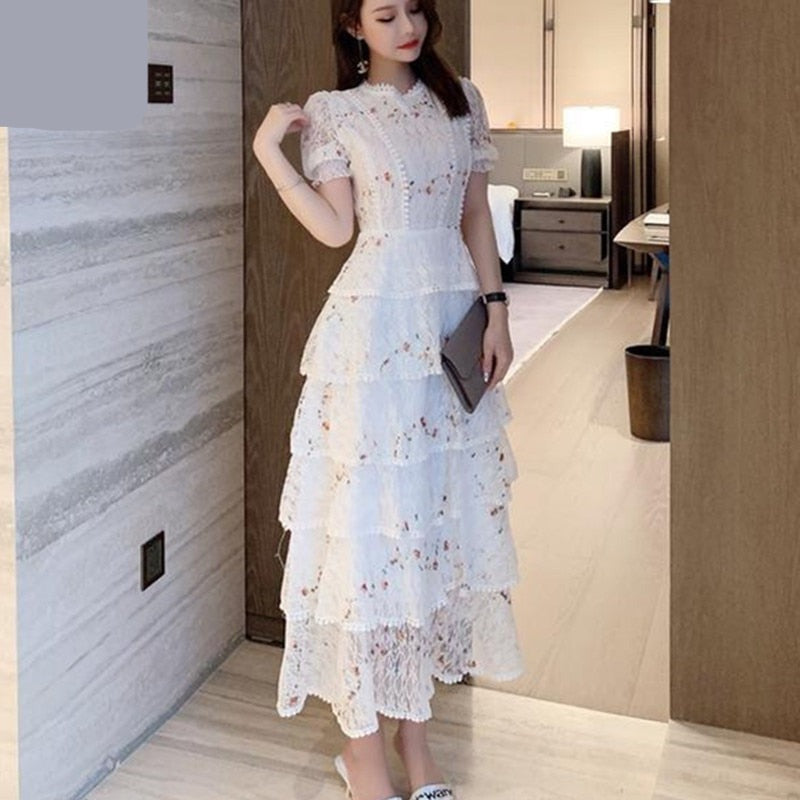 Darianrojas New Fashion Lace Hollow Out Summer Dress For Woman Embroidery Layered Cake Elegant Vintage Long Dresses Female Clothing