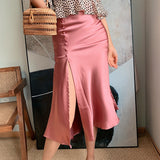 Solid Satin Midi Split Button Skirt Women Summer Pink Elegant Vintage Y2k Zipper Higt Waist Simple Casual A Line Long Skirts