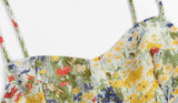 Retro French Yellow Green Floral Grass Print Spaghetti Strap Dress Sexy Women Lacing Up Sling Short Dresses Holiday Robe