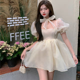 Darianrojas Sweet Dresses Women New Korean Puff Short Sleeve Mesh Patchwork Square Collar Ball Gown Dress Female Fashion Party