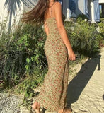 Bohemian Brown Floral Print Backless Sling Dress Summer Holiday Woman Adjust Spaghetti Strap Dresses Beach Holiday Vestidos