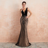 Darianrojas Mermaid Evening Dress Sexy Plunging Backless Black and Champagne Long Prom Formal Gown robe de soiree
