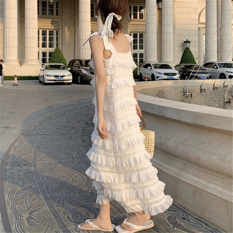 Long Dress  Summer Fashion New Loose High Waist Strap Sleeveless Black Strapless Maxi Dresses Fairy Trendy White Cake Skirt