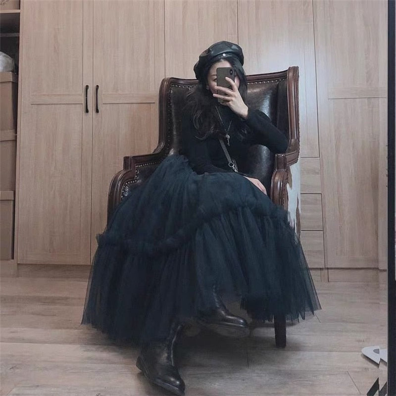 Korean Fashion Mesh Skirts Women Elastic High Waist Ruffled Tiered Tulle Pleated Maxi Skirts Faldas Mujer Moda Fairy Grunge