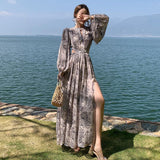 Darianrojas Vintage Beach Floral Maxi Dress Women Elegant Hollow Out Korean Holiday Split Dress Female Casual Long Sleeve Fairy Party Dress