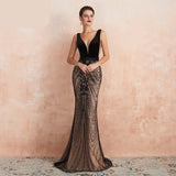 Darianrojas Mermaid Evening Dress Sexy Plunging Backless Black and Champagne Long Prom Formal Gown robe de soiree