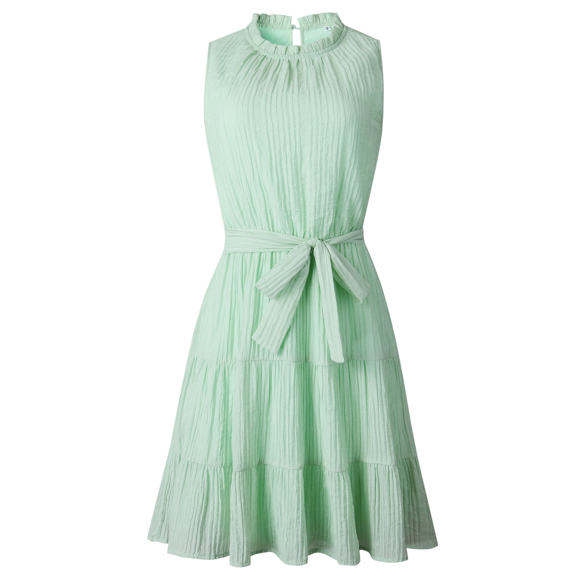 Summer Sweet Pleated Dress A-Line Women Sashes Dress Sleeveless Pure Color Mini Sundress Female Beach Dress Vestido Verano