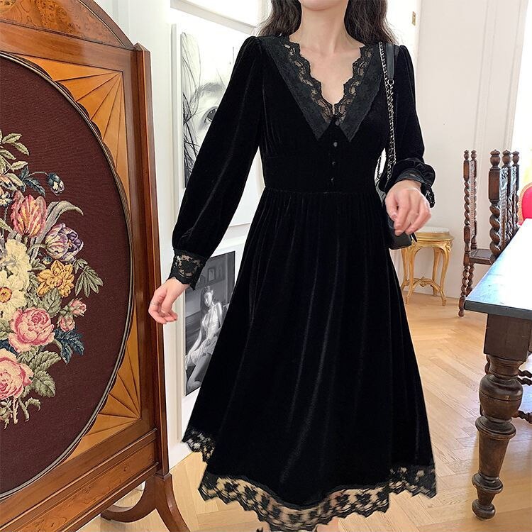 French Vintage Dress Women Lace Velvet Black Elegant Party Dress Female Autumn High Waist Long Sleeve Midi Gothic Dress