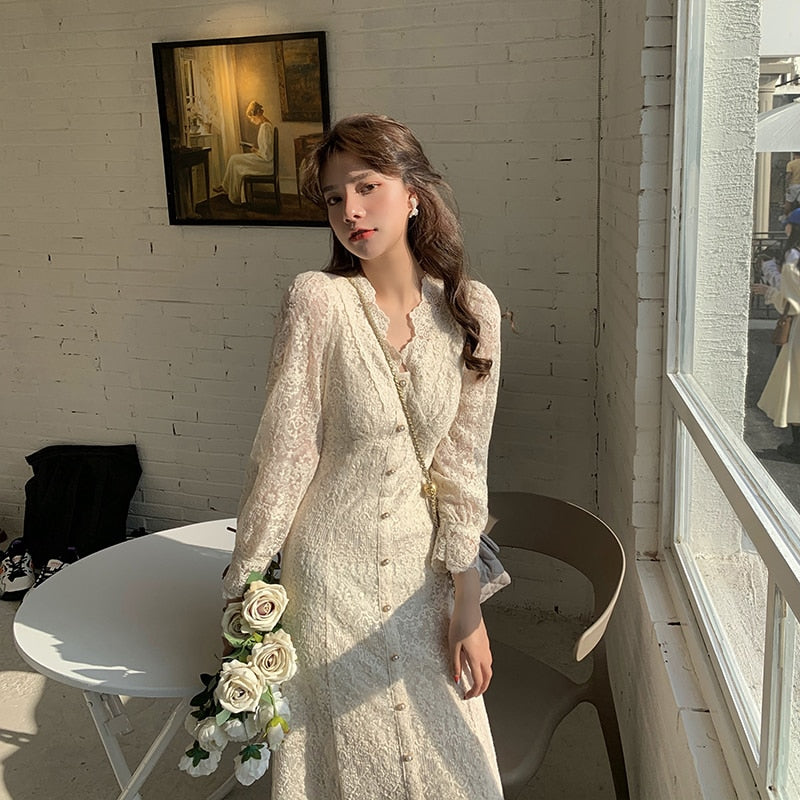 Elegant Lace Long Sleeve Midi Dress Winter White Women V-neck Korean Dress Spring One-piece Evening Lady Party Fairy Dress