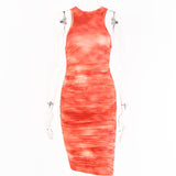 Tie-Dye Print Ruched Christmas Dress For Women Long Sleeve Sexy Bodycon Winter Dress Elastic Pleated Casual Party Dress