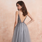 Darianrojas Sexy V-Neck Long Prom Dresses Beaded Beading Crystal High Splits Backless A-Line Formal Gown Party Dress