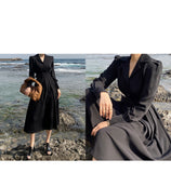 Long Maxi Dresses for Woman Party Single Breasted Autumn Winter Notched Collar Dress Elegant Vestidos High Waist Business Black