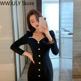 Korea Fashion Black Elegant Dress Office Lady  Autumn Vintage Midi Dress Women Casual Long Sleeve Evening Party Dress Button