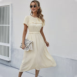 Spring Summer Sweet Solid Dress Women Puff Short Sleeve O Neck High Waist Casual Long Dresses Ladies Holiday Style