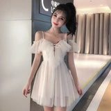 Darianrojas Summer Sexy Sweet Lolita Dress Women Low Chest Off Shoulder Bandage Fairy Mesh Dress Female Beach Boho Spaghetti Strap Dresses