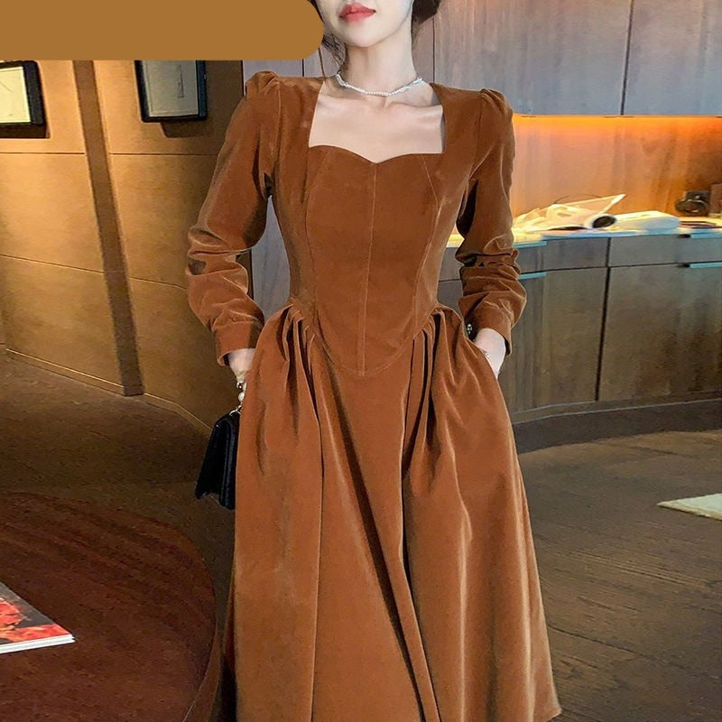 Darianrojas French Velvet Midi Dress Office Lady Winter Black Vintage Dress Evening Party Long Sleeve Elegant One Piece Dress Korean