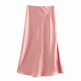 Solid Satin Midi Split Button Skirt Women Summer Pink Elegant Vintage Y2k Zipper Higt Waist Simple Casual A Line Long Skirts