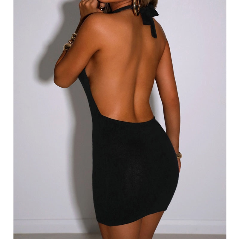 Black Bodycon Dress Women Halter Sexy Skinny Hollow Out Backless Mini Dresses Hot Summer Sleeveless Beach Party Cut Out Dress