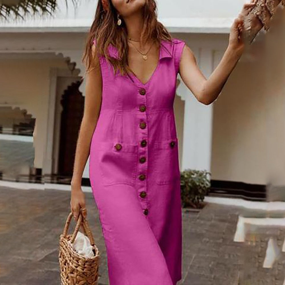 Fashion Summer Dress Women Boho Style V-Neck Waist Plus Size Casual Vestidos Solid Color Sleeveless V Neck Pockets Midi Dresses