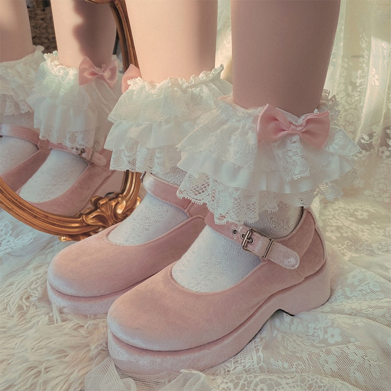 Darianrojas Cute Pink Lolita Lace Lace Bow Cotton Pile Socks Fairy Lace Socks
