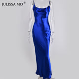Sexy Spaghetti Strap Backless Summer Dress Women Satin Lace Up Trumpet Long Dress Elegant Bodycon Party Dresses