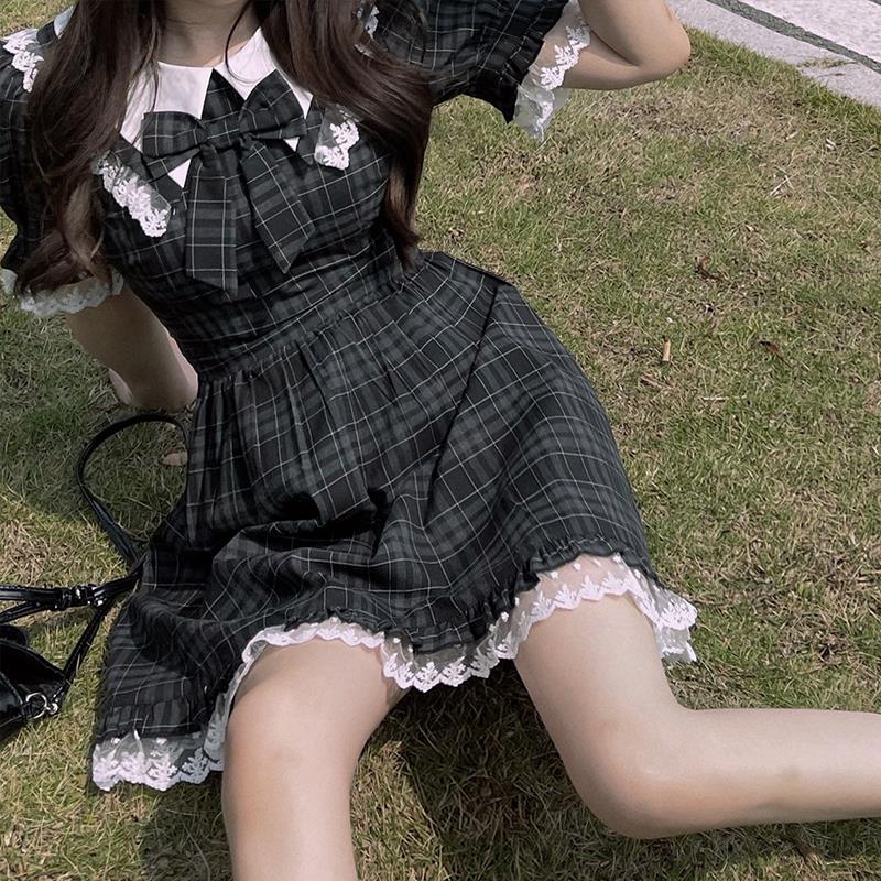 Darianrojas Kawaii Cute Dress Woman Soft Vintage Grunge Plaid Sundress Lace Princess Lolita Mini Dress Gothic Japanese