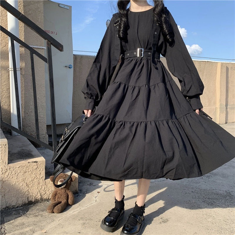 Darianrojas Gothic Style Dress Women Harajuku Gothic Lolita Kawaii Dress Punk Cute Long Sleeve Black Midi Dress Emo Mall Goth