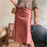 Solid Satin Midi Split Button Skirt Women Summer Pink Elegant Vintage Y2k Zipper Higt Waist Simple Casual A Line Long Skirts