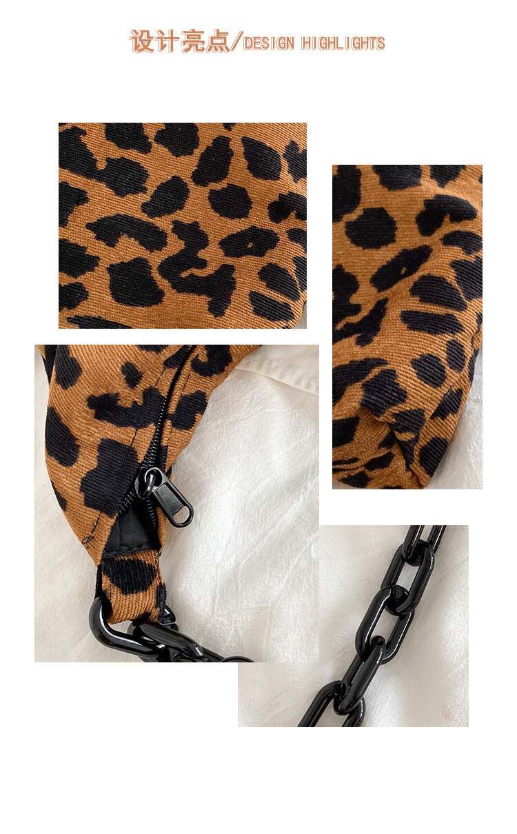 Darianrojas New Autumn Winter Corduroy Shoulder Bags Retro Leopard Pattern Handbag Thick Chain Bags Female Daily Warm Soft Crossbody