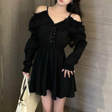 Gothic Black Dress Women Casual Button Lace Evening Party Sexy Mini Dress Female Long Sleeve One-piece Dress Korean  Autumn