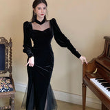 French Vintage Black Dress Women Spring Long Sleeve Slim Evening Party Dress Female Gothic One Piece Dress Koran Winter