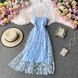 Summer Beach Mesh Floral Dress Women Vintage Elegant Sexy Beach Sundress Woman Party Night Korean Kawaii Vestidos